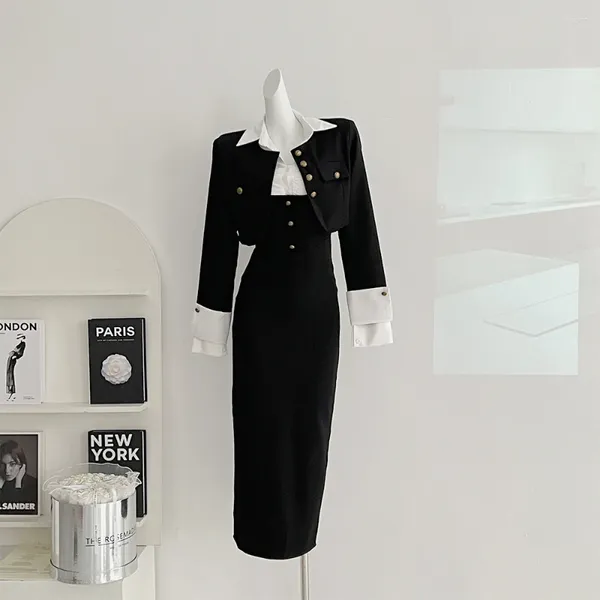 Zweiteiliges Kleid UNXX 2024 Frühling dreiteiliger Anzug Neckholder lang mit Jacke und Langarmshirt Mode weibliche Bürodame