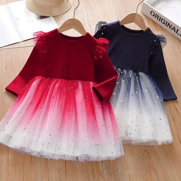 Menina vestidos meninas vermelho natal princesa vestido lantejoulas estrela babados manga tule tutu crianças ano festa de aniversário elegante