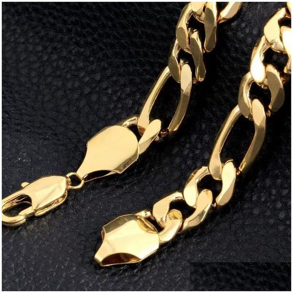 Correntes 18 K Sólido Ouro Autêntico Acabamento Carimbado 10mm Fine Figaro Chain Necklac Drop Delivery Jóias Colares Pingentes Dhmui