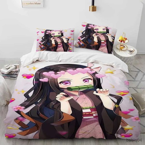 Conjuntos de cama Demon Slayer Conjunto de cama Kamado Nezuko Conjunto de capa de edredão Colcha Caso King Queen Full Single Size Roupa de cama Crianças Adolescente Presente