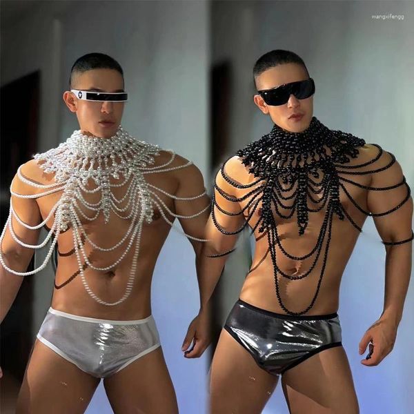 Roupa de palco Bar Boate Dj Rave Roupa Sexy Pérolas Corrente de Peito Laser Briefs Homens Pole Dance Roupas Gogo Dancer Costume XS6900