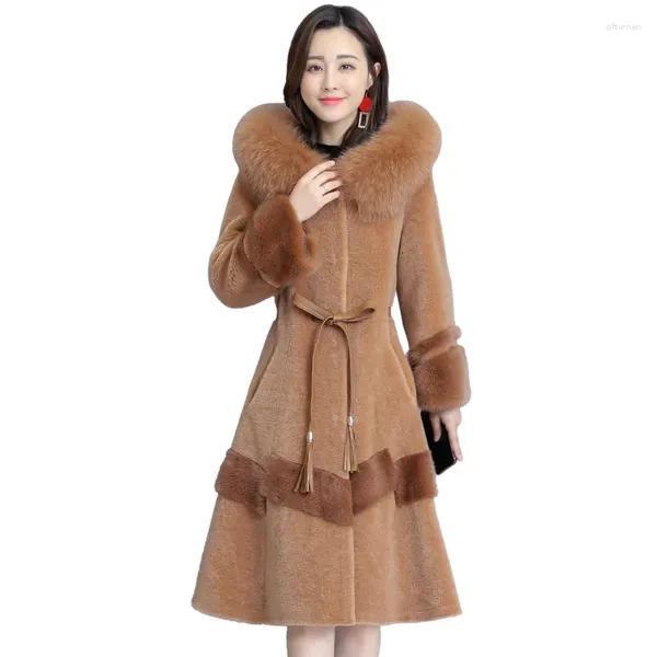 Cappotto da donna in pelliccia di tosatura delle pecore Donna 2024 Giacca invernale Parka con cappuccio Donna caldo 4XL Cappotto lungo chic Giacca a vento