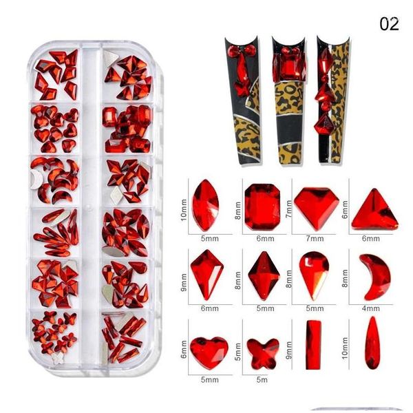 Decorações de arte de unhas vermelho 12 caixa de cinto mix tamanho ab/colorf strass flatback cristal diamante gemas 3d glitter luxuoso r01 drop delive otdxx