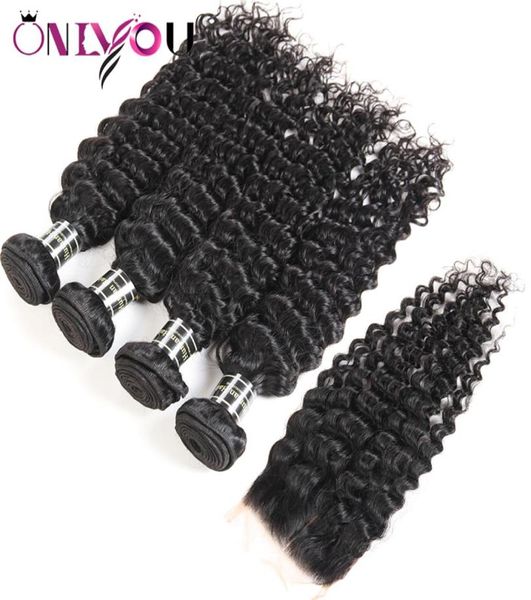 Onda profunda brasileira cabelo virgem fechamento kinky encaracolado cabelo humano tecer pacotes com fechamento em linha reta 4 pacotes e tece tramas de cabelo 8664295