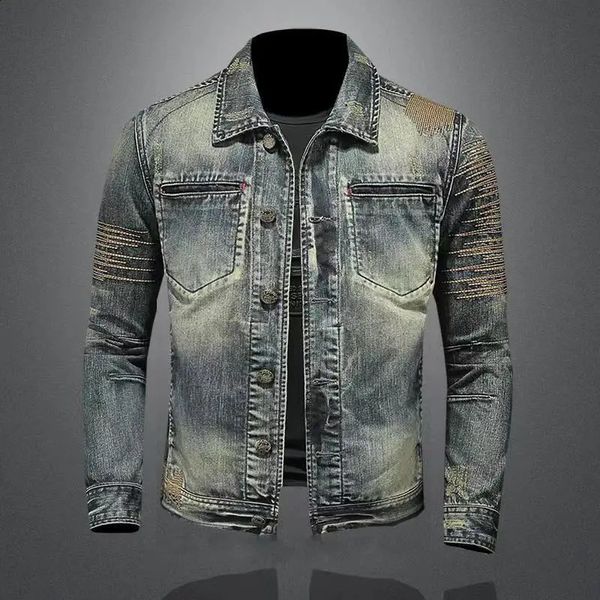 Leichter, luxuriöser Jeansmantel für Herren im klassischen Stil, Farbnähte, Dekore, Retro-Jacken, harte Wäsche, Street Fashion, sexy Jeansjacke;240202