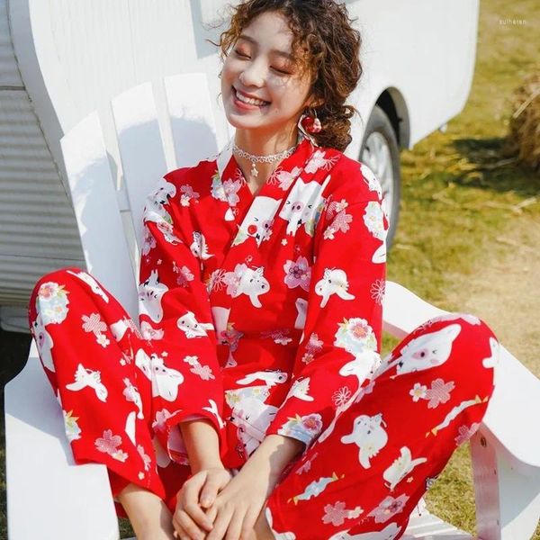 Ethnische Kleidung Japanische Mode Indoor Party Kimono Frauen Koreanische Süße Cartoon Druck Mädchen Kawaii Langarm Elegante Hause Pyjamas