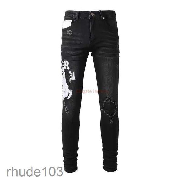 Tasarımcı Giyim Amires kot kot pantolonları yüksek cadde amies moda markası 881 siyah goril başı nakış elastik delik ince düz bacak erkekleri distre 1u0b