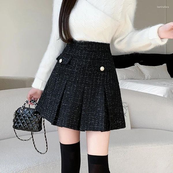 Röcke Schwarz Tweed Faltenrock Frauen Hohe Taille A-linie Kurz Mini Herbst Winter Koreanische Woolen Preppy Taschen Jupe T594