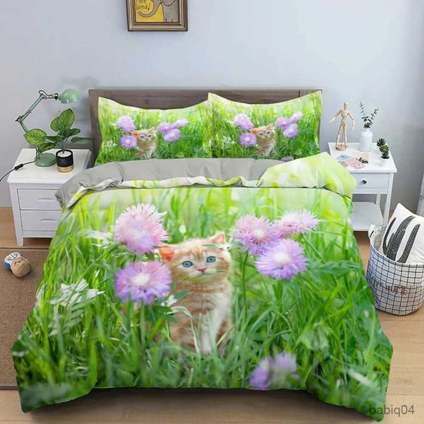 Bettwäsche-Sets, schöne Baby-Katze-Bettwäsche-Set, 3D-Kätzchen-Blumen-Bettwäsche, Einzel-, Doppel-, Queen-Size- und Twin-Size-Bettbezug-Set, Kinder- und Mädchenzimmerdekoration