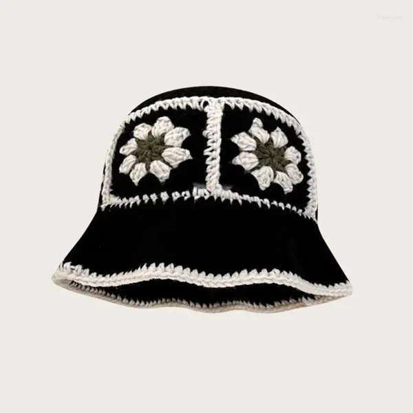 Berets 2024 Herbst Häkeln Hut Koreanische Handgemachte Eimer frauen Weben Gestrickte Y2k Mode Blumen Winter Ins Beanies