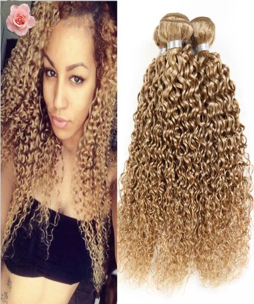 Mel loira 27 kinky encaracolado pacotes de cabelo cor pura brasileiro 9a extensão do cabelo virgem 3 pçs loira profunda encaracolado cabelo tece 4789511