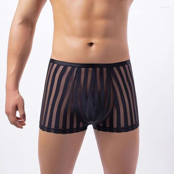 Cuecas de malha masculina roupa interior ultra-fino transparente boxer shorts listrado calcinha sexy u bulge bolsa respirável cuecas masculinas