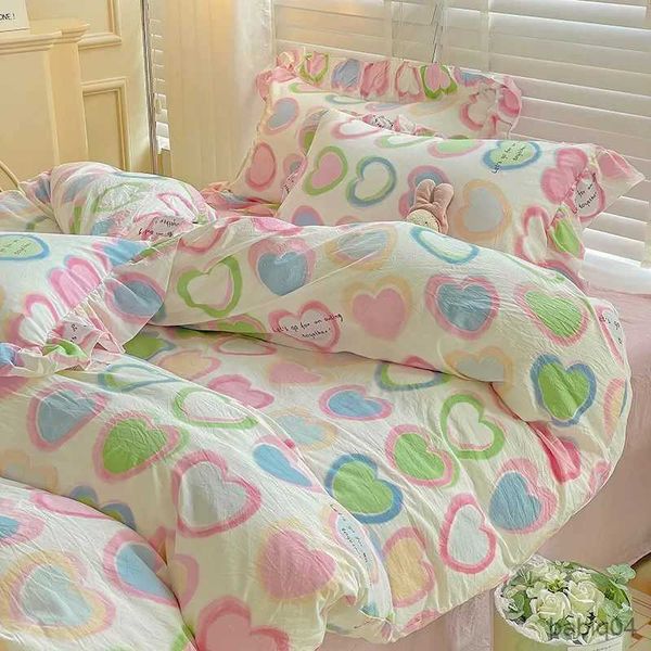 Conjunto de roupas de cama dopamina cor de cama de coração para meninas mulheres lençóis macios capa de lençol único de linho de linho de algodão duplo completo capa de edredão floral