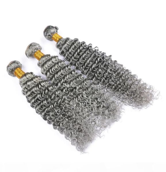 Nuovo arrivo fasci di capelli grigi 3 pezzi capelli umani vergini brasiliani tesse onda profonda ricci ondulati capelli grigi estensione nastro grigio bundle4676610