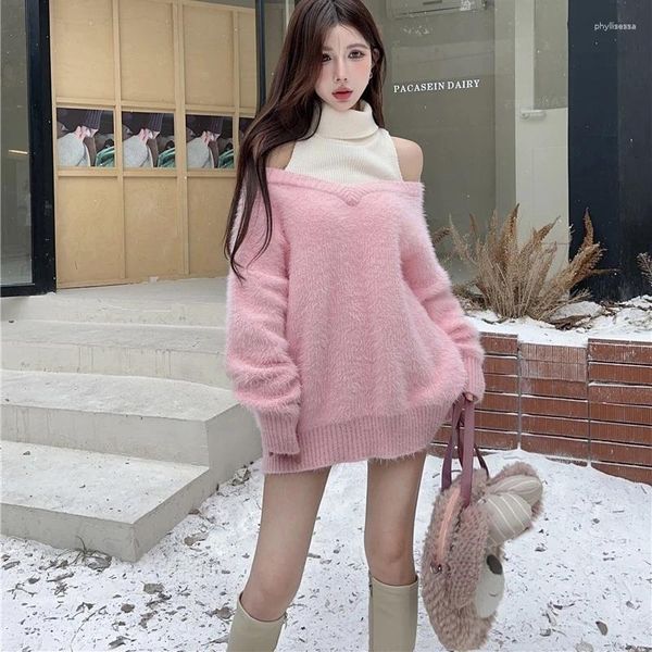 Suéter feminino japonês sexy fora do ombro lolita suéter mulheres gola alta malha longa malha pulôver top outono kawaii macio oversize