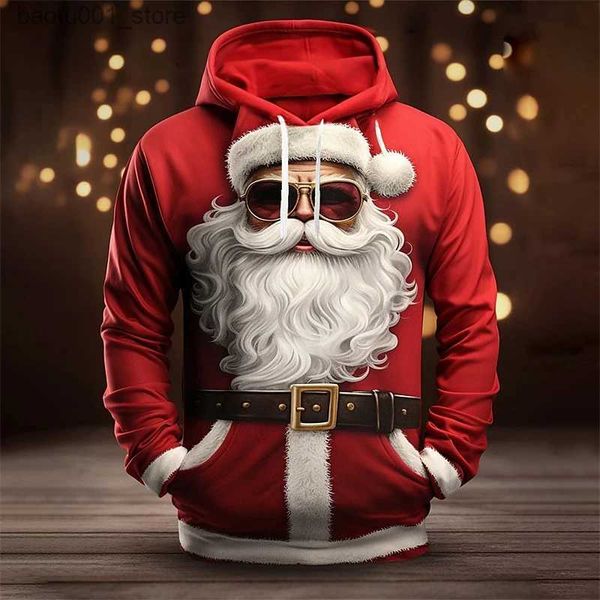 Мужские толстовки с капюшоном Рождественская толстовка с капюшоном Мужская толстовка 3D Cool Hip Hop Санта-Клаус Печатная одежда Праздничный свитер Зимний мужской с длинным рукавом на молнии Q240217