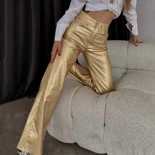 Женские джинсы Женские новые модные серебряные брюки с высоким поясом Винтажные карманы Элегантный повседневный свободный крой для женских блестящих брюк Y2K J240217