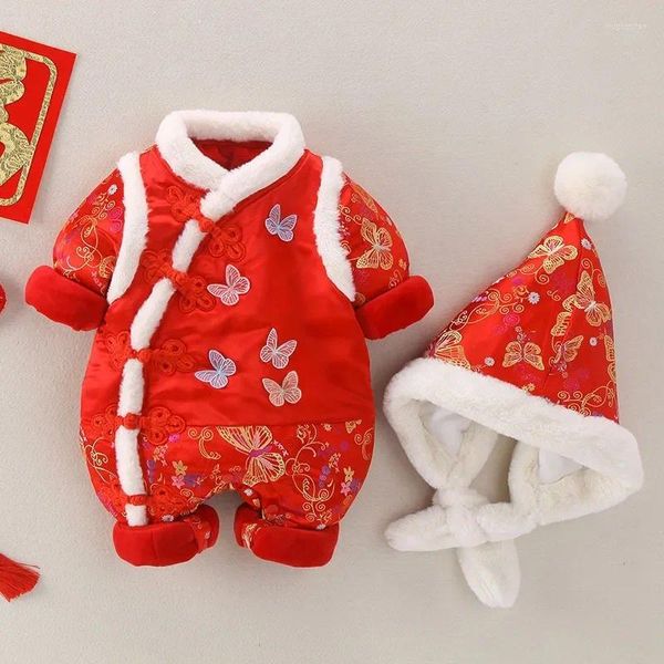 Ethnische Kleidung Tang-Anzug für Baby Mädchen traditionelles chinesisches Jahr Winter warme rote Outfits verdicken einteiliger Strampler und Hut Geschenkset