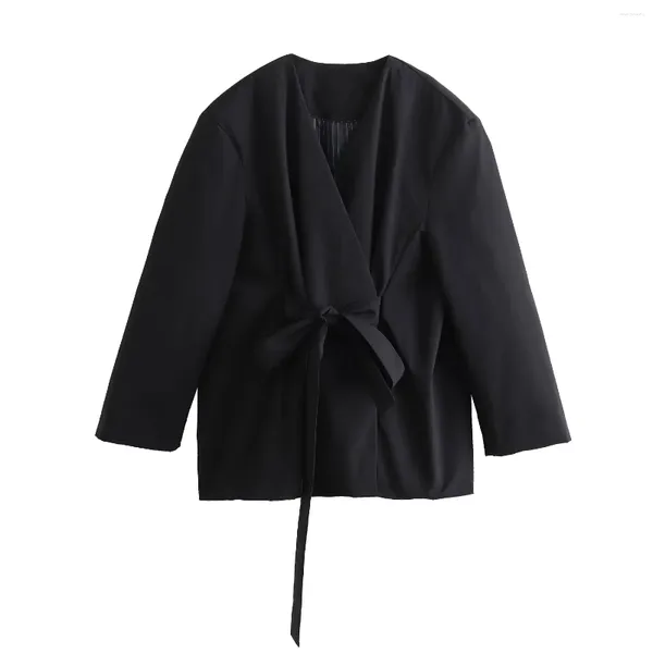 Damenanzüge, schwarzer Kimono-Blazer für Damen, modisch, vorne gebunden, Outer, Damen-Herbst-Langarmmäntel, weiblich, elegante Jacken mit V-Ausschnitt