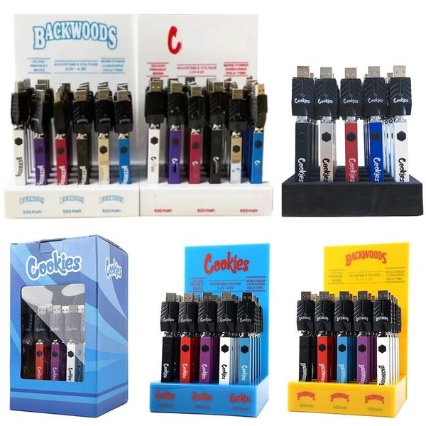 Cookies Backwoods Quad-Batterie, 500 mAh, 20 ct, 24 ct, 25 ct, vorheizen, VV, variable Spannung, 510 Carts-Batterien, unten, USB-Aufladung, 20 Stück, 24 Stück, 25 Stück, Display-Box