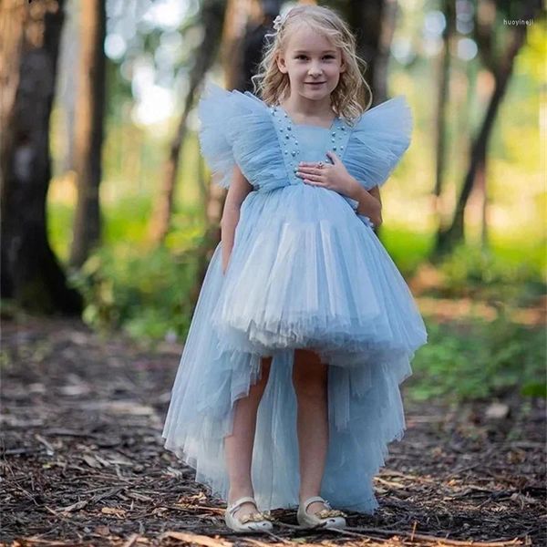 Kız Elbise Mavi Tül Çiçek Elbise Düğün Boncuklu Kabarık İnciler Sevimli Çocuklar Doğum Günü Prensesi Prenses İlk Cemaat Balo Kıyafetleri