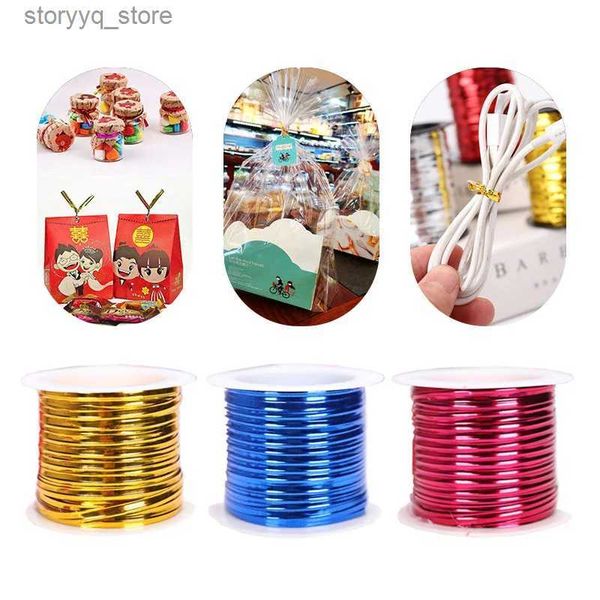 Etiquetas Etiquetas 15m Wired Ribbon Roll Gift Bags Torção Gravata para Amarrar Pão Biscoito Saco de Doces Vedação Casamento Aniversário Fontes de Festa de Natal Q240217