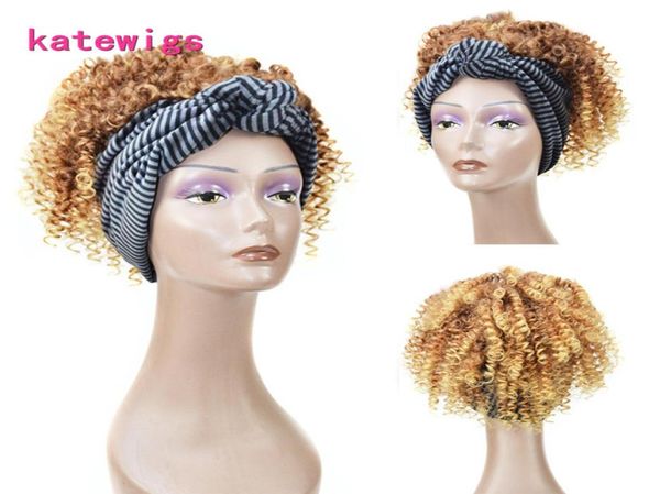 Kurzer Afro Kinky Curly Stirnband Perücke Brown Ombre Blonde für afrikanische Frauen Perücken mit Bang Hair Style7967427185484