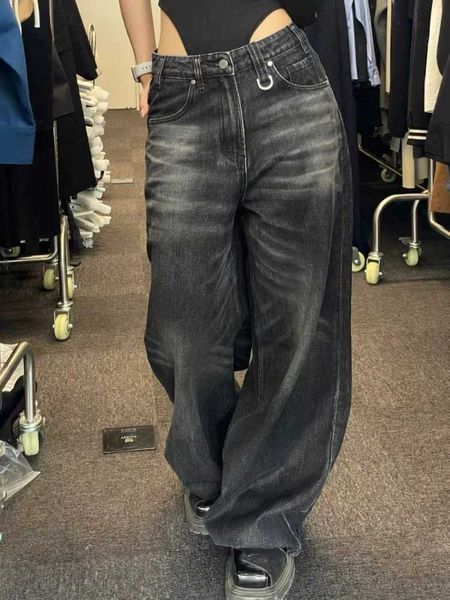 Damenjeans Retro schwarze Jeans mit weitem Bein für Frauen übergroße koreanische Street-Mode-Taschen-Denim-Hose Grunge Y2k Damen-Hip-Hop-Jeans J240217