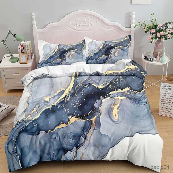 Set di biancheria da letto Set di biancheria da letto in marmo King/Queen Size Copripiumino in marmo grigio oro Uomo Adulti Arte astratta moderna Tie Dye Copripiumino morbido gotico