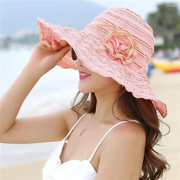 Berretti Cappello estivo da donna Fiore Grande Tesa larga Spiaggia Sole Pieghevole Blocco Protezione UV Cappello da sole regolabile in osso Panama