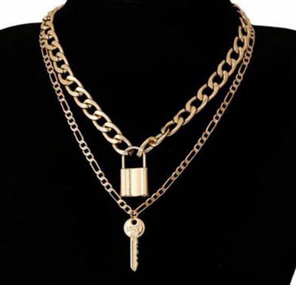 1PC Charm Link Chain Chaker Colar Colar Punk Multilayer Key Long Pingnd Colar para Women Gold Color Collar Jewlery6168064