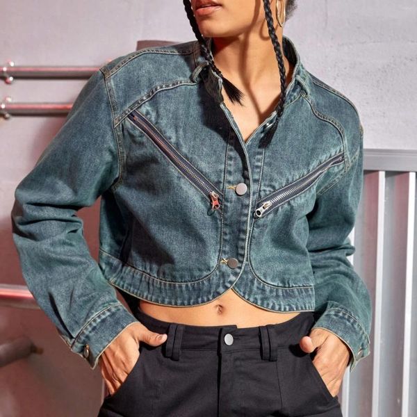 Damenjacken, übergroße Jeans-Kurzjacke, lässiger Reißverschluss, Boyfriend-Distresse-Jeans, Herbst-Frühlings-Button-Down-Hip-Hop-Mantel