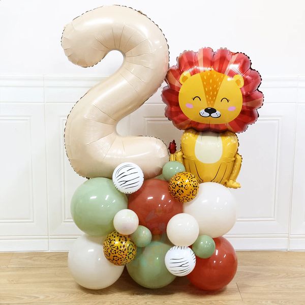 Set di palloncini con numeri di leone animale Jungle Safari per bambini 1 2 3 anni Decorazioni per feste di compleanno Wild One Avocado Green Globos 240130