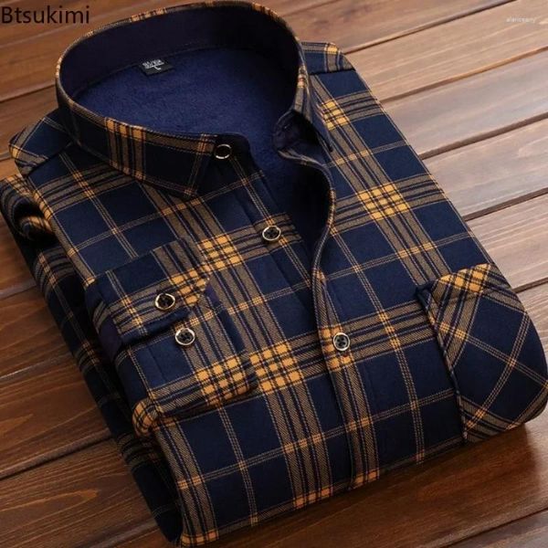 Camicie casual da uomo 2024 inverno caldo manica lunga plaid flanella foderata in pelliccia spessa camicia formale in pile per abito da uomo