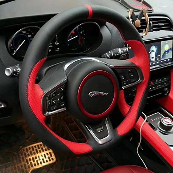 Capas de volante diy costurado à mão alcântara preto vermelho couro capa de carro para jaguar xfl F-TYPE F-PACE xe xf xjl E-PACE acessórios