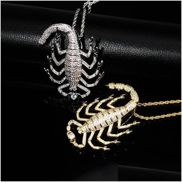 Anhänger Halsketten 18 Karat Gold Tier 3D Skorpion Halskette Iced Out Zirkon mit Seil Kette Für Männer Frauen Chram Hip Hop Schmuck Gift264V Dhicz