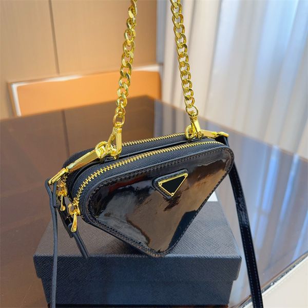 Moda couro de patente carteira moeda bolsa para mulheres bolsa corrente triângulo batom saco cosmético designer sacos titular do cartão