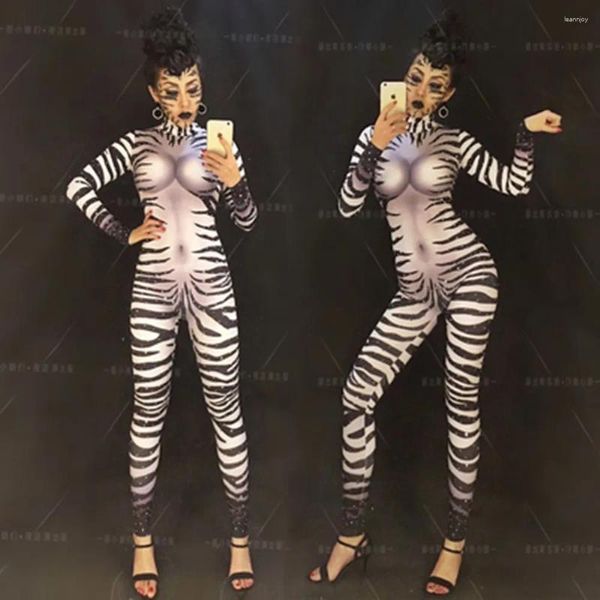 Abbigliamento da palco Discoteca Bar Crazy Horse Party Sexy dimagrante in bianco e nero Zebra Diamond Jumpsuit DJ Canzone da donna Gogo Performance Dress