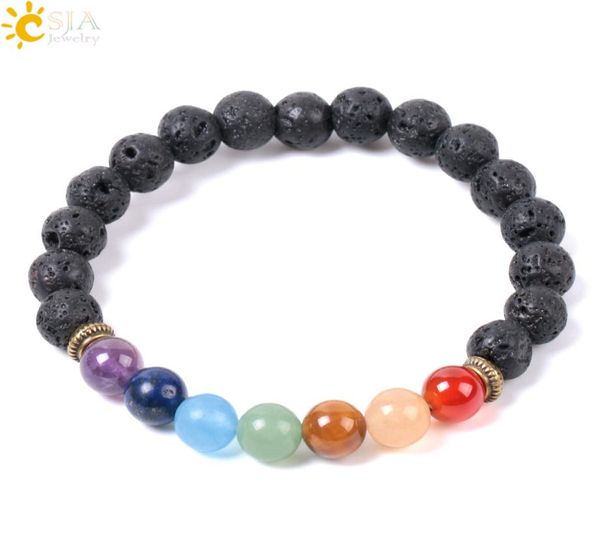 CSJA Natural Preto Lava Rock Beads Pulseiras 7 Chakra Mala Gems Pedra Oração Meditação Strand Pulseira Energia Reiki Jóias Whole3315039