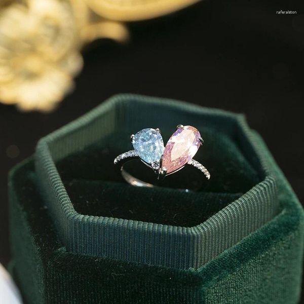 Anéis de cluster prata esterlina 925 safira de mar raso e cristal rosa em forma de coração para mulheres doce luz romântica jóias de luxo