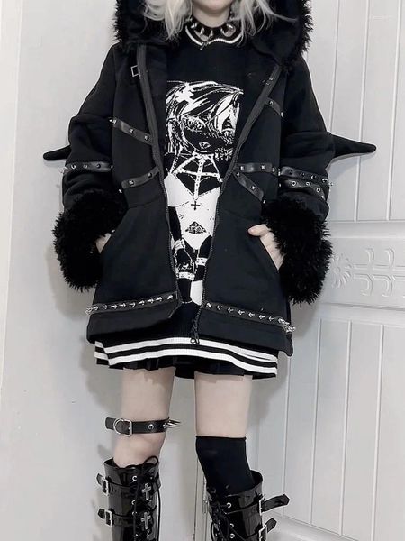 Felpe con cappuccio da donna Harajuku Y2k Felpa vintage Giubbotti Donna Rivetto Patchwork Cappotto nero gotico Ali del demone Punk Estetica Giacca grunge