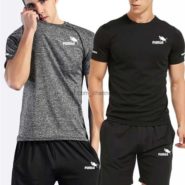 Homens Tracksuits Mens Tracksuit Quick Dry Respirável Terno Esportivo Alta Elasticidade Manga Curta Terno Musculação Respirável Muscle Gym Roupas T240217