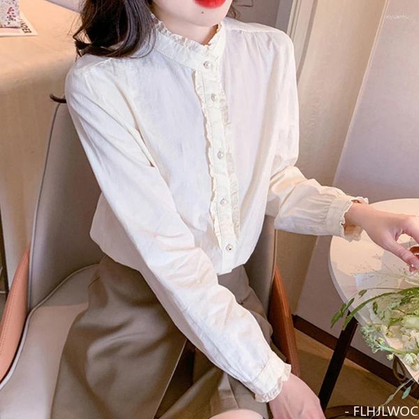 Blusas femininas de algodão tops e desgaste básico mulheres estilo formal doce meninas retro vintage babados gola única camisas de renda