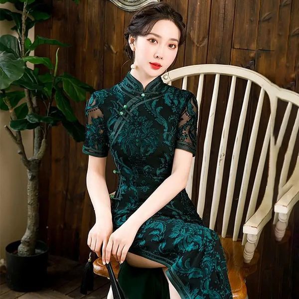 Old Shanghai Lace Long Cheongsam Mulheres Outono 2024 Verde Retro Slim Fit Vestido 240131