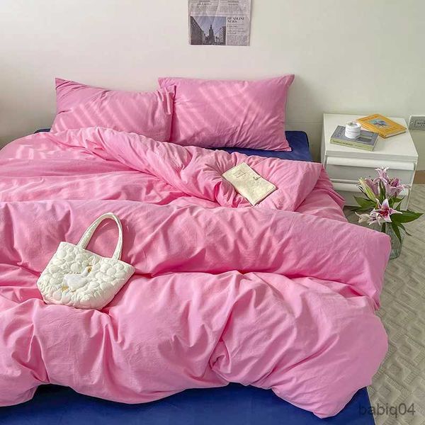 Conjuntos de cama Série Rosa INS Conjunto de capa de edredão Caso Folha de cama Cor sólida Quilt Covers Boy Kid Teen Girl Bedding Set King Queen