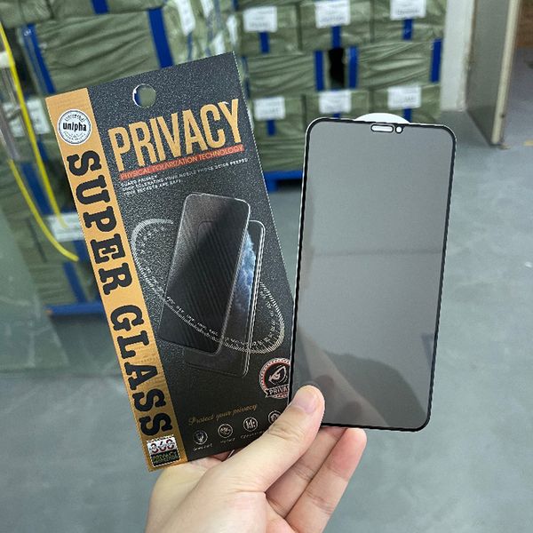 Privacy Full Cover Anti Spy Tempered Glass Displayschutzfolie für iPhone 15 14 13 12 11 Pro Max XS 8 7 Samsung S22 S23 S24 Plus A05 A05S A15 mit Einzelhandelspapierverpackung