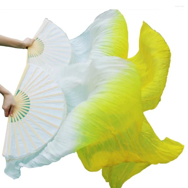 Bühnenkleidung, Seide, Bambusrippen, Tanz-Requisiten, Fans, 1 Paar Bauchtanz, handgefertigt, Weiß, Gelb, Farben, 180 x 90 cm