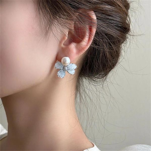 Orecchini a bottone alla moda carino perla fiore azzurro cielo per le donne ragazze 2024 arrivo delicato semplice gioielli di moda regali di nozze
