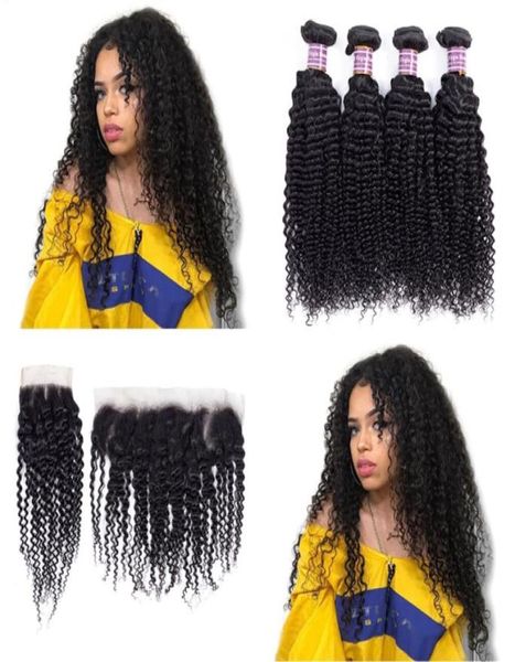 Бразильские девственные кудрявые вьющиеся человеческие волосы плетут необработанные перуанские индийские пучки волос с закрытием фронтальные наращивания волос Remy 4416591