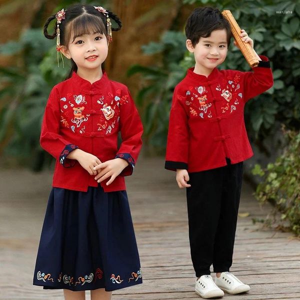 Etnik Giyim 2 PCS Çin Yıl Kostümleri Geleneksel Çocuk Tang Suit Hanfu Bahar Festivali Cosplay Performans Giysileri Pantolon